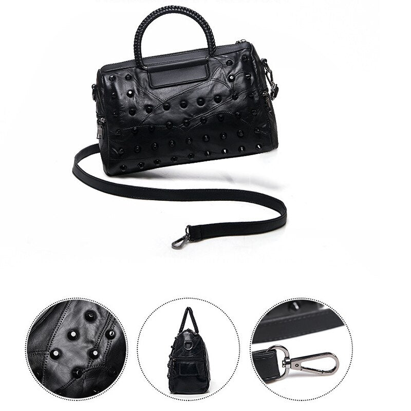 Women's Handbags Purses Totes Top Studded Handle Bags,Black - ebowsos