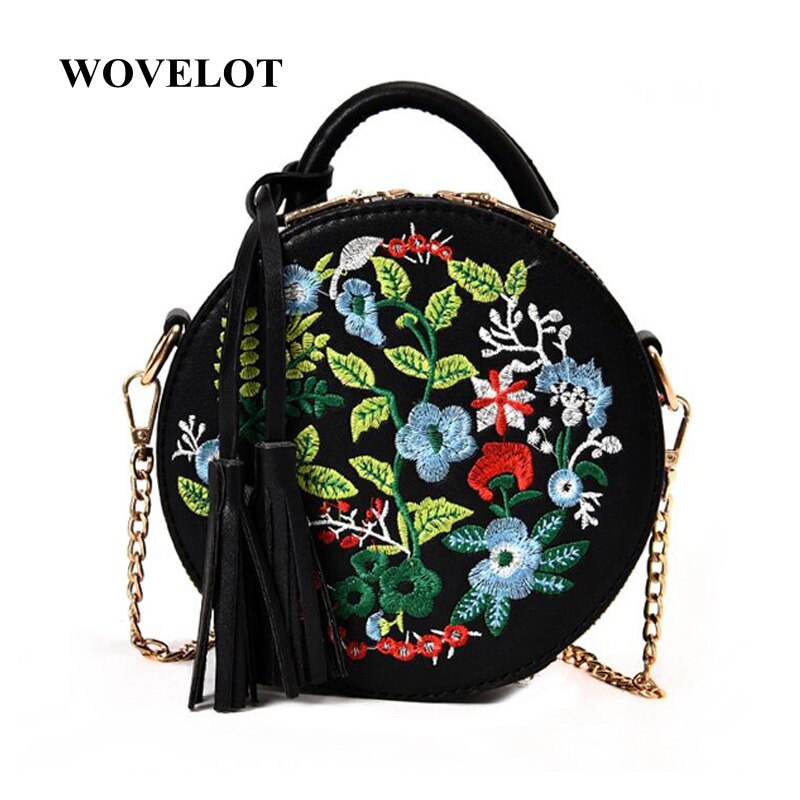 Women's Retro embroidery Flowers handbag PU leather tassel shoulder bag for ladies Evening Round Bag female Crossbody bag - ebowsos