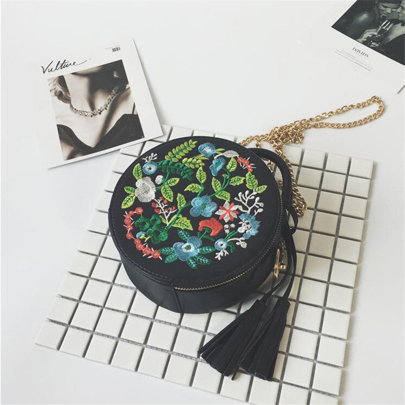 Women's Retro embroidery Flowers handbag PU leather tassel shoulder bag for ladies Evening Round Bag female Crossbody bag - ebowsos