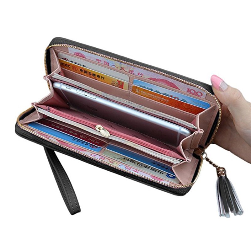 Women's Wallet Long Leather Zipper Ladies Clutch Purse(Black) - ebowsos