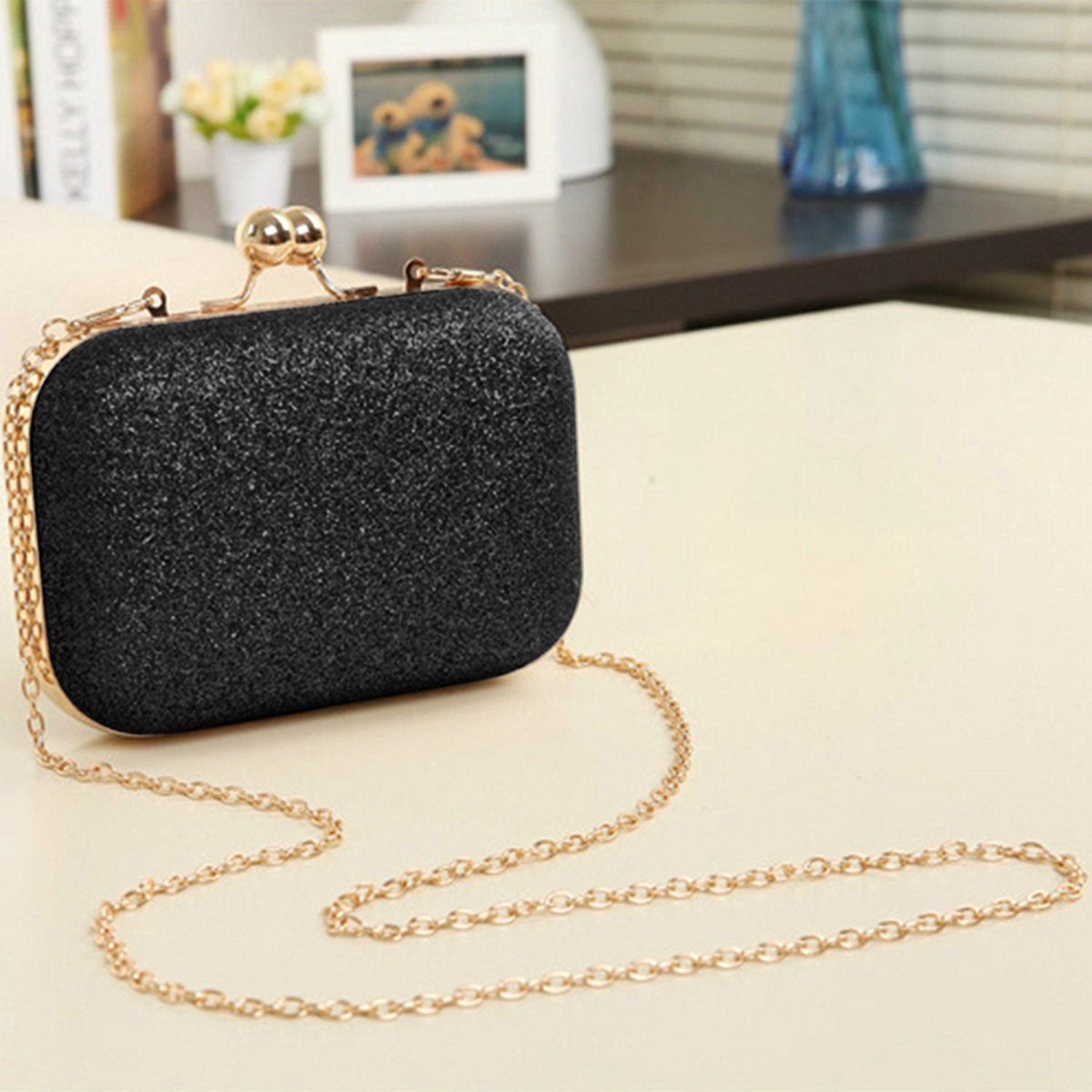 Women's bling evening party handbag Wedding ball clutch bag with chain Mini bag Birthday gift Valentine's Day Black - ebowsos