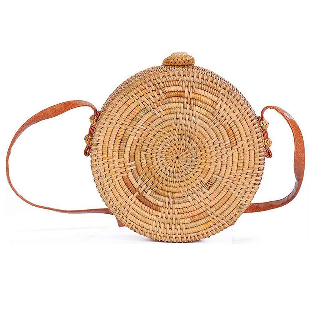 Womens Bali Ata Rattan Woven Crossbody Bag Handbag Tote Bag With Bow Clasp, Star Pattern - ebowsos