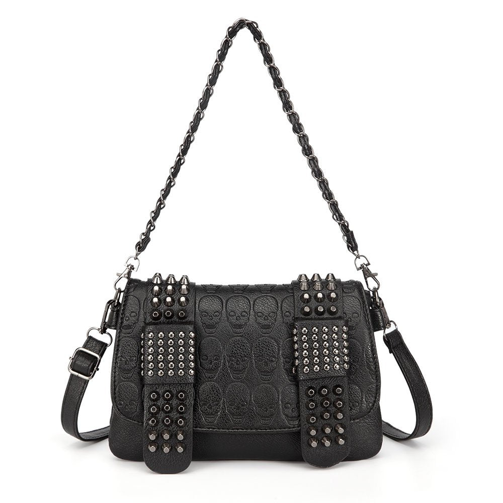 Womens Skull Print Rivet PU Leather Shoulder Bags Tote Purse Handbag, Black Style-2 - ebowsos