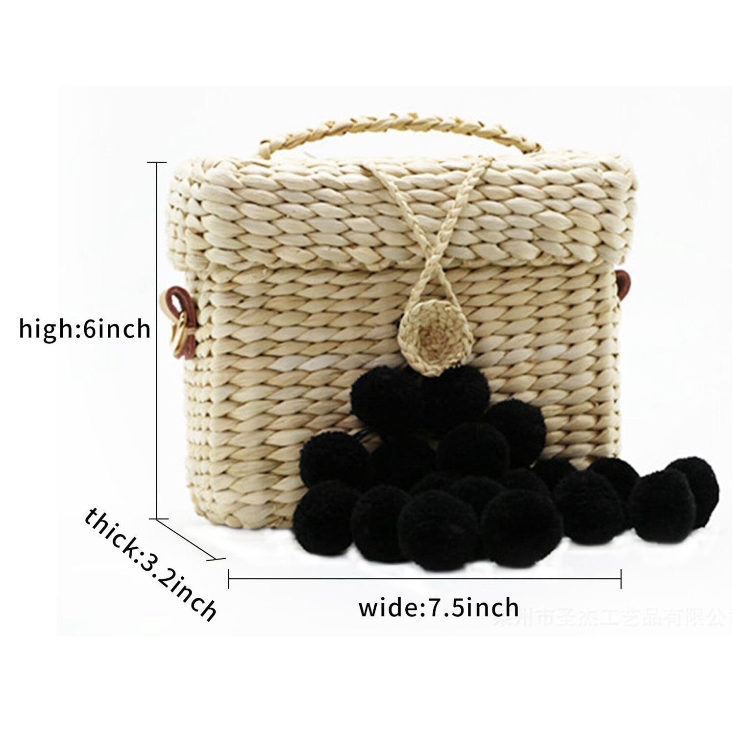 Womens Straw Handbag Handmade Mini Crossbody Bag with Plush Ball, Black - ebowsos