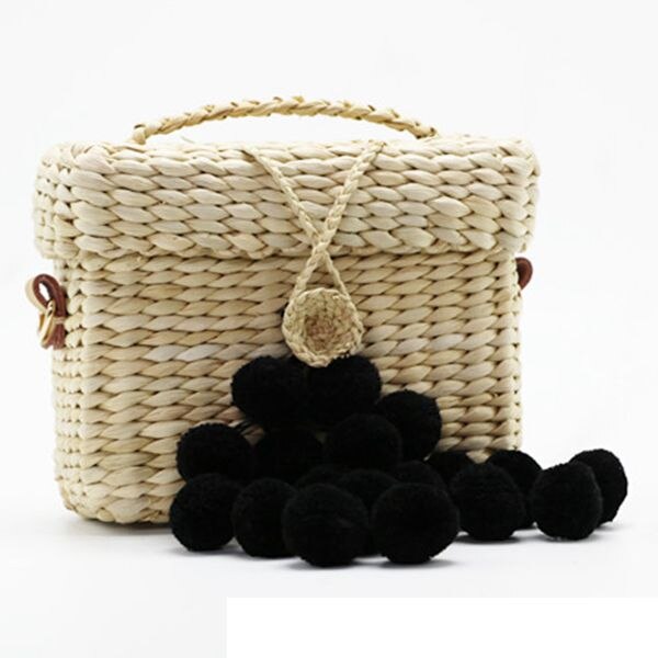 Womens Straw Handbag Handmade Mini Crossbody Bag with Plush Ball, Black - ebowsos