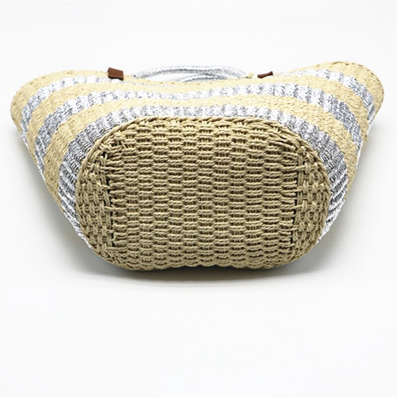 Woven Bag Handmade Straw Woven Beach Bag Handbag Summer Gold Silver Stripe Handbag Weave Large Handbag - ebowsos