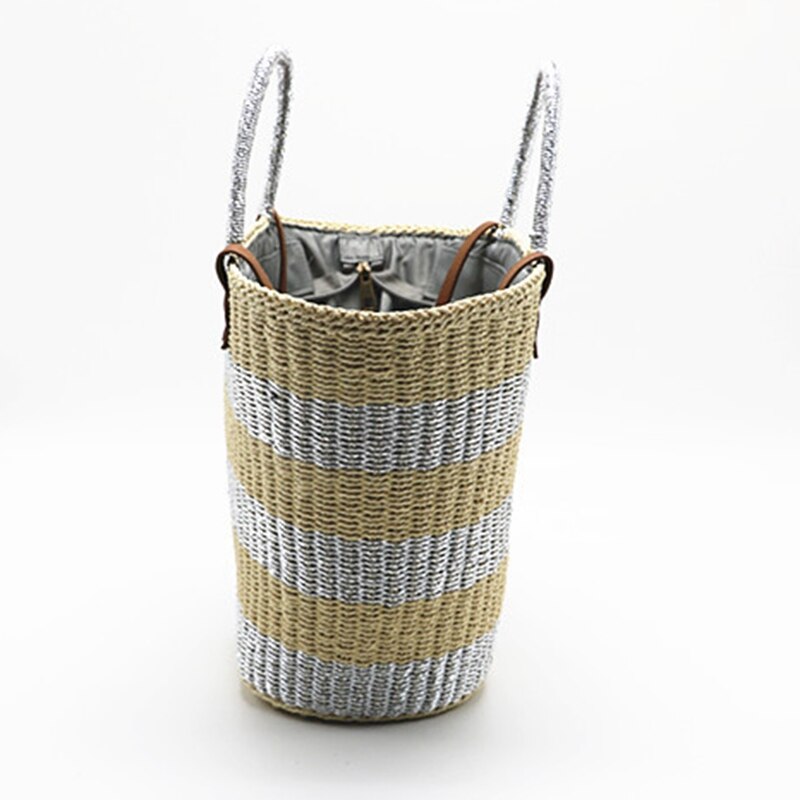 Woven Bag Handmade Straw Woven Beach Bag Handbag Summer Gold Silver Stripe Handbag Weave Large Handbag - ebowsos