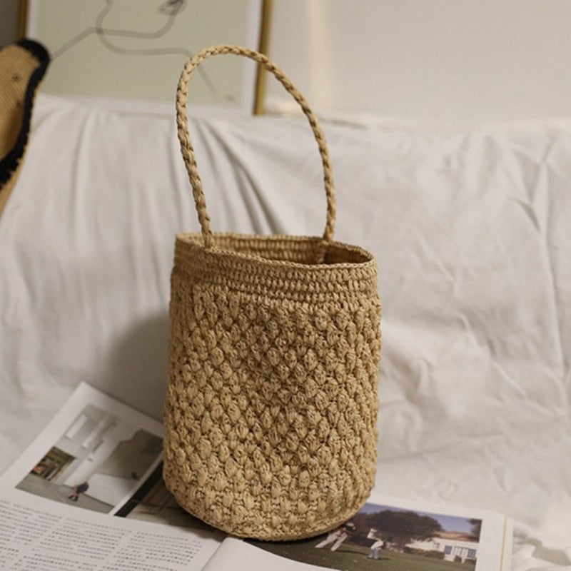 Woven Bag Manual Straw Knit Beach Totes Bag Bucket Summer Striped Women Handbag Braided Large Basket Bag - ebowsos