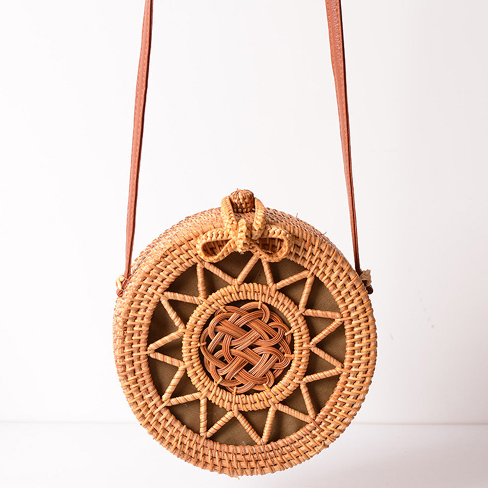 Woven Rattan Bag Round Straw Shoulder Bag Small Beach Handbags Women Summer Hollow Handmade Messenger Crossbody Bags - ebowsos