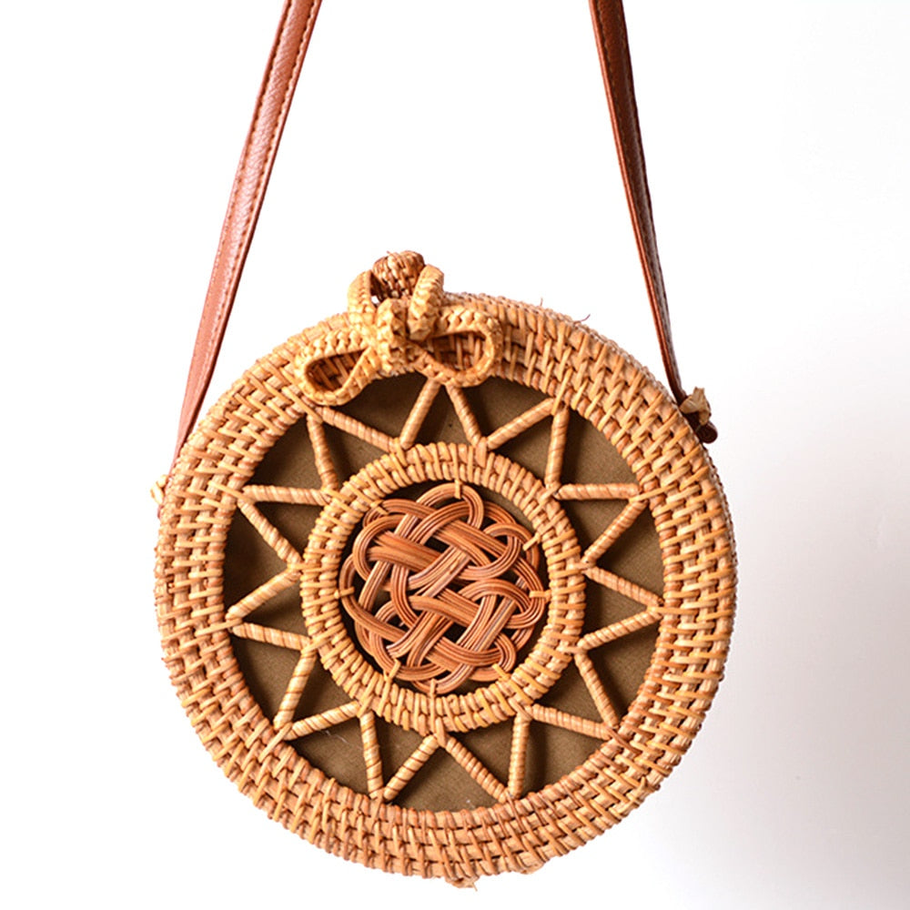 Woven Rattan Bag Round Straw Shoulder Bag Small Beach Handbags Women Summer Hollow Handmade Messenger Crossbody Bags - ebowsos