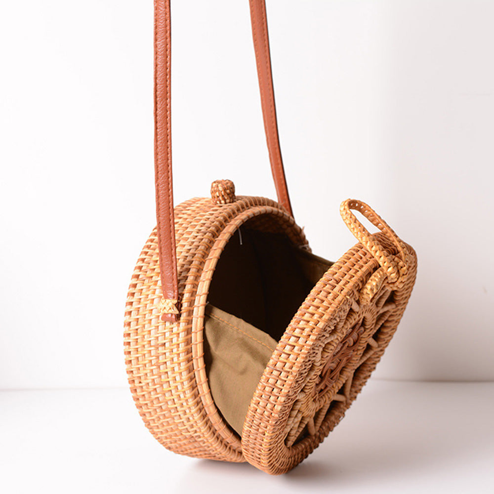 Woven Rattan Bag Round Straw Shoulder Bag Small Beach Handbags Women Summer Hollow Handmade Messenger Crossbody Bags - ebowsos