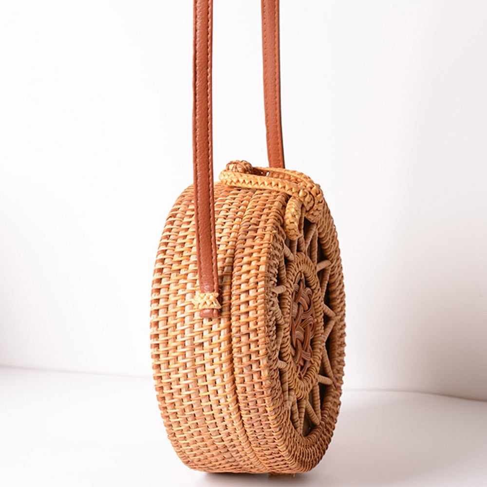 Woven Rattan Bag Round Straw Shoulder Bag Small Beach Handbags Women Summer Hollow Handmade Messenger Crossbody Bags - ebowsos