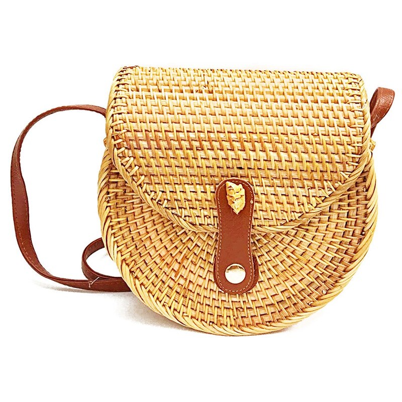 Woven Semi-Round Rattan Straw Shoulder Bag Small Beach Handbag Ladies Summer Hollow Handmade Messenger Bag Messenger Bag - ebowsos