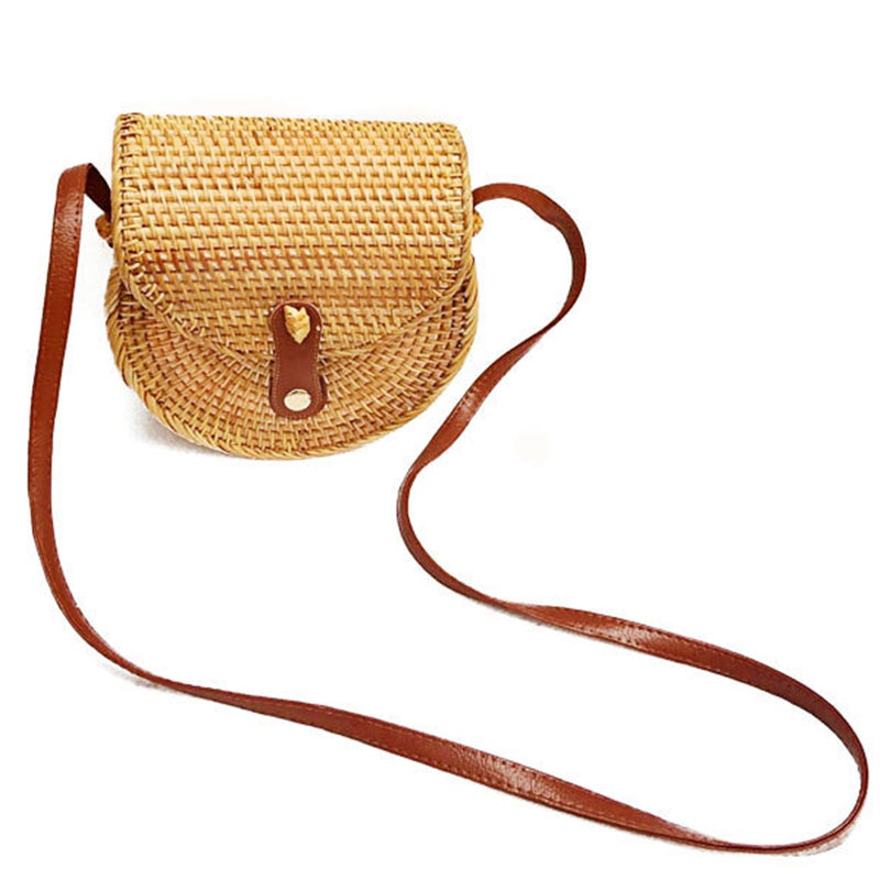 Woven Semi-Round Rattan Straw Shoulder Bag Small Beach Handbag Ladies Summer Hollow Handmade Messenger Bag Messenger Bag - ebowsos