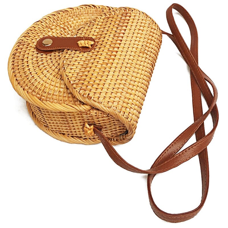 Woven Semi-Round Rattan Straw Shoulder Bag Small Beach Handbag Ladies Summer Hollow Handmade Messenger Bag Messenger Bag - ebowsos