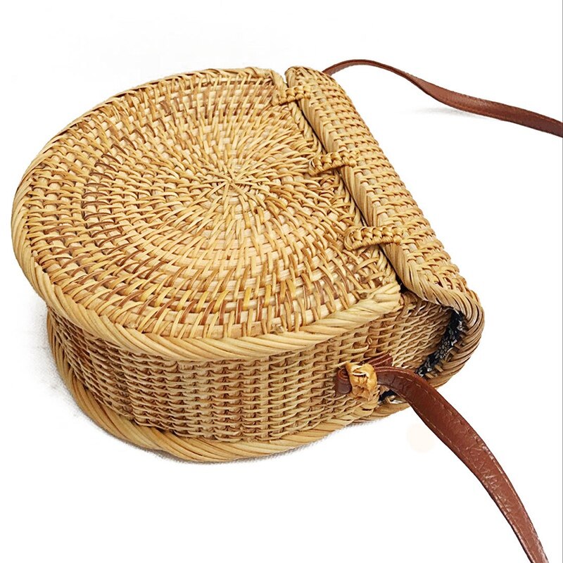 Woven Semi-Round Rattan Straw Shoulder Bag Small Beach Handbag Ladies Summer Hollow Handmade Messenger Bag Messenger Bag - ebowsos