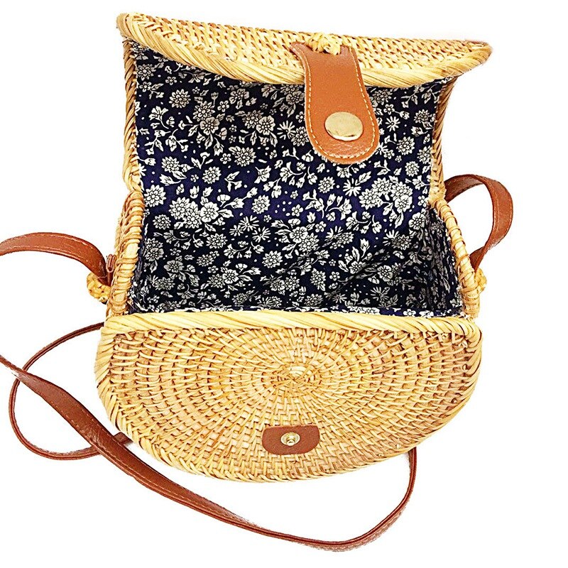 Woven Semi-Round Rattan Straw Shoulder Bag Small Beach Handbag Ladies Summer Hollow Handmade Messenger Bag Messenger Bag - ebowsos