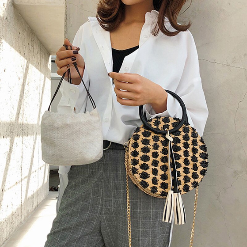 Woven Small Round Bag Portable Straw Small Round Bag Female New One Shoulder Slung Chain Bag - ebowsos