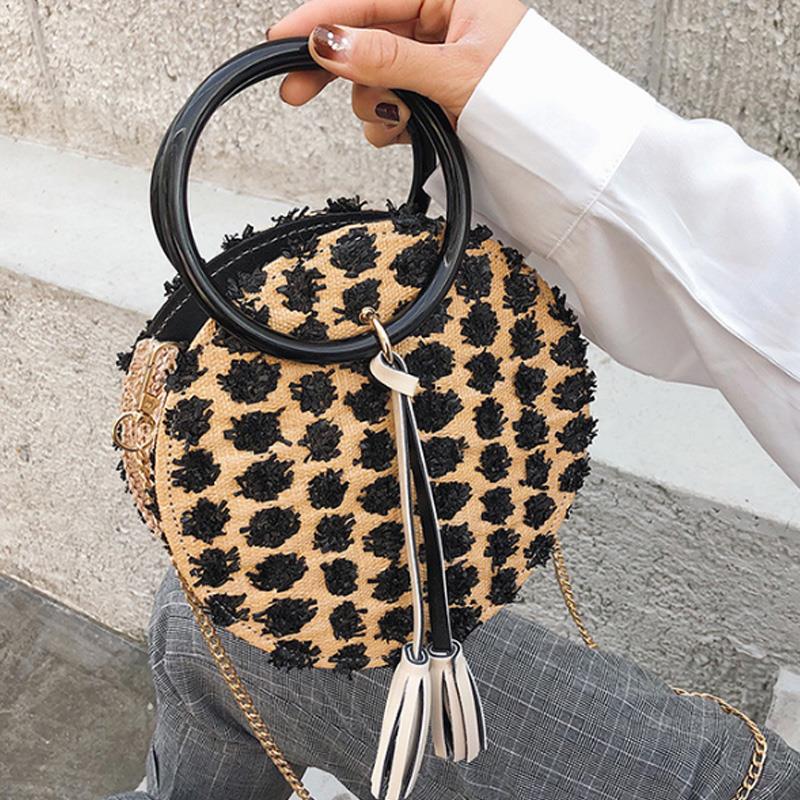 Woven Small Round Bag Portable Straw Small Round Bag Female New One Shoulder Slung Chain Bag - ebowsos