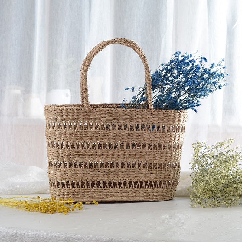 Woven Straw Bag Women Handbags Handmade Ladies Beach Picnic Basket Bag Travel Tote Hollow Out Holiday Bohemian Rattan Bag - ebowsos