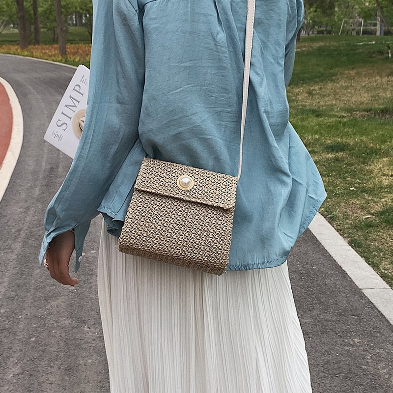 Woven Straw Bag Women Small Pearl Lock Tote Bags For Summer Travel Messenger Bag Ladies Shoulder For Girl - ebowsos