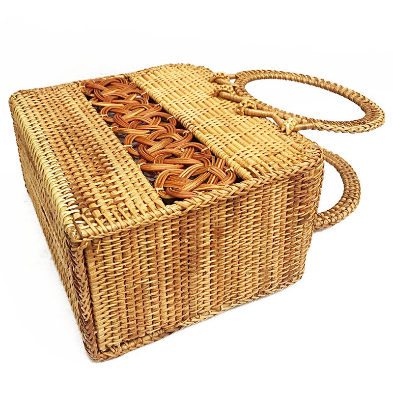 Woven Womens Bamboo Handbag With Wooden Handle Shape Female Retro Beach Straw Tote Clutch Wicker Handbag - ebowsos