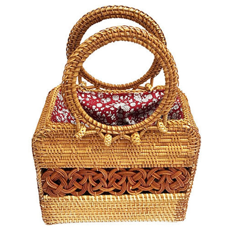 Woven Womens Bamboo Handbag With Wooden Handle Shape Female Retro Beach Straw Tote Clutch Wicker Handbag - ebowsos