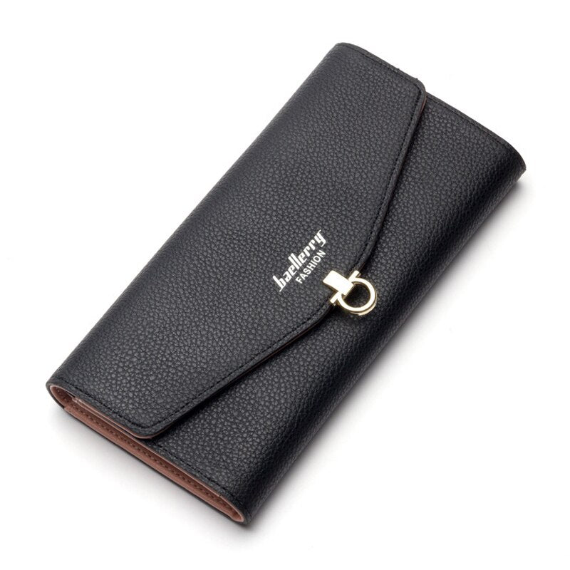 baellerry PU leather women long paragraph fashion simple fold wrinkles buckle two fold envelope wallet wallet bag 19.3*10 - ebowsos