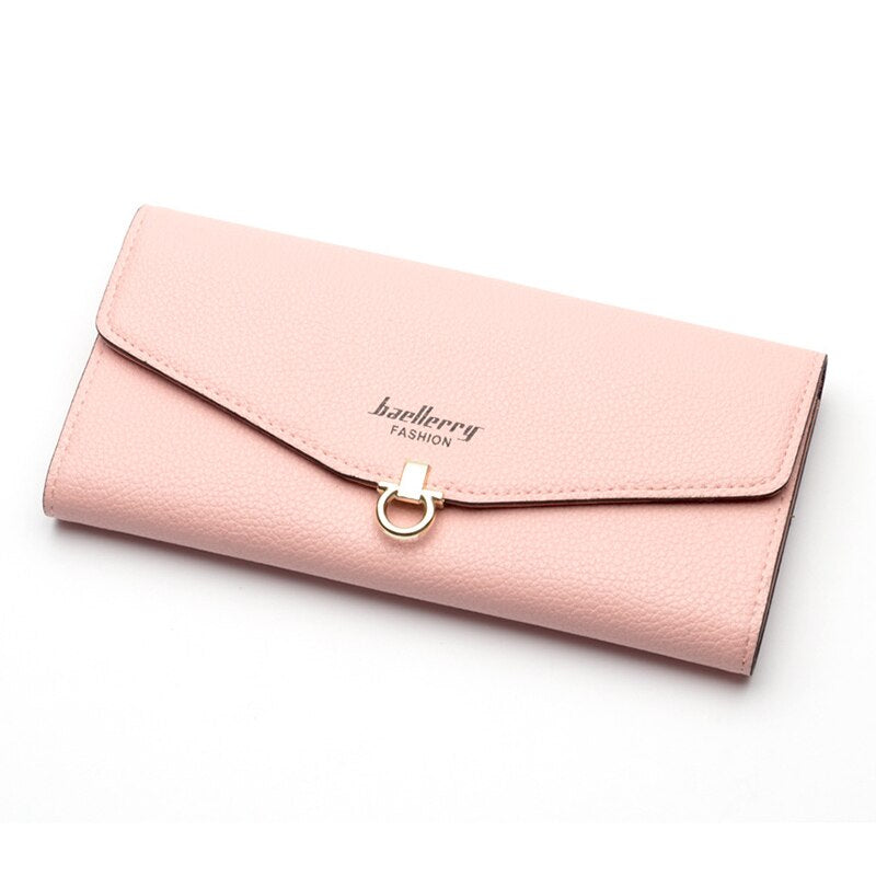 baellerry PU leather women long paragraph fashion simple fold wrinkles buckle two fold envelope wallet wallet bag 19.3*10 - ebowsos