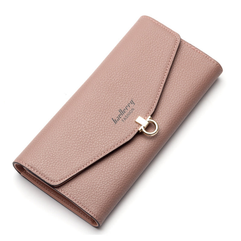 baellerry PU leather women long paragraph fashion simple fold wrinkles buckle two fold envelope wallet wallet bag 19.3*10 - ebowsos