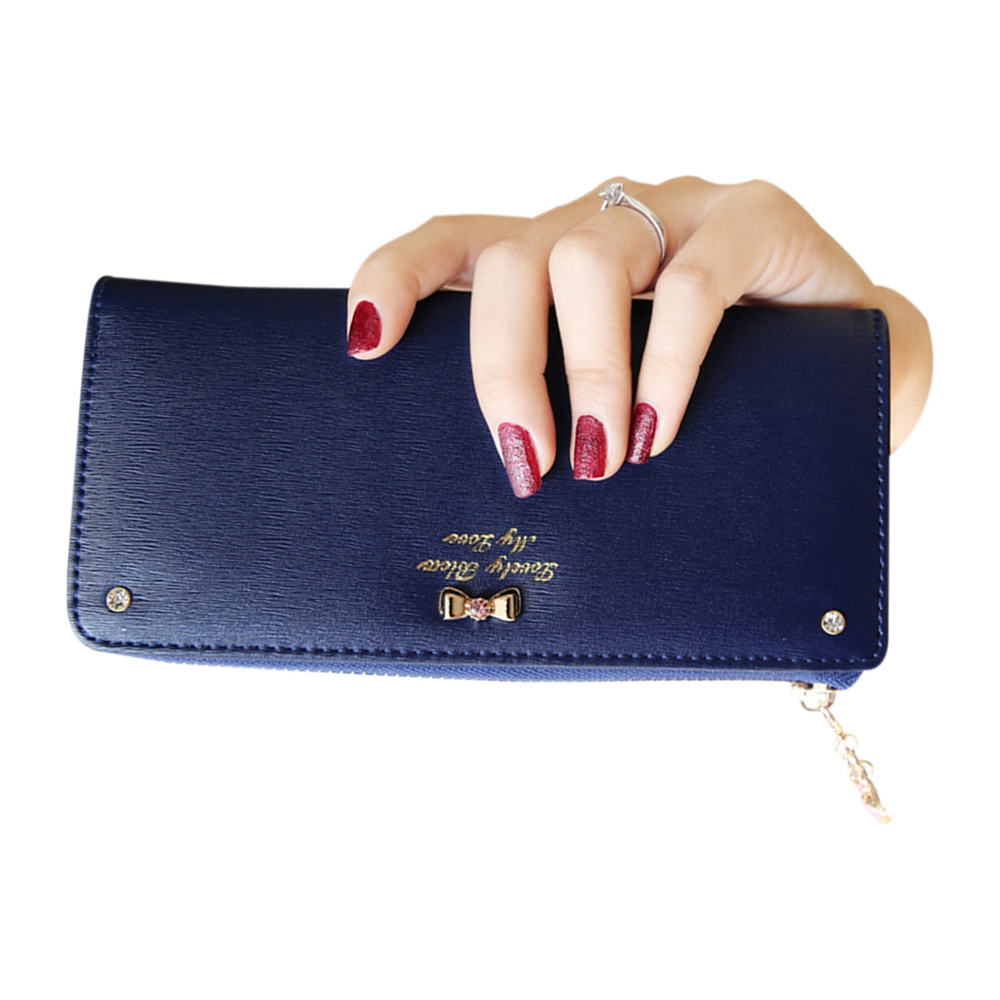 bowknot pendant PU Leather Long Design Women Wallet Coin Purse Ladies Handbag Day Clutch Bag(Navy Blue) - ebowsos