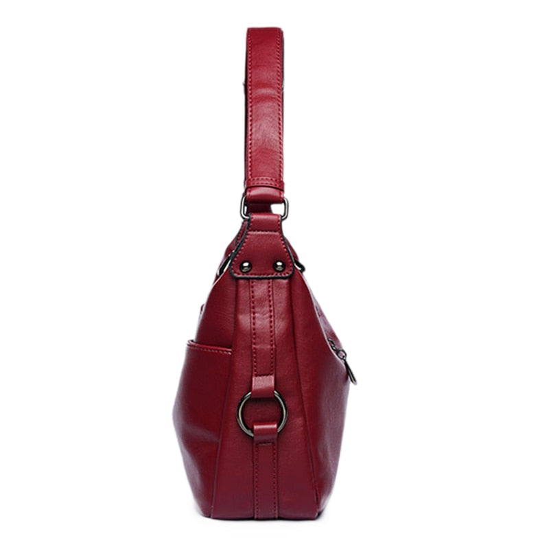 women PU handbag female casual totes ladies shoulder bag design zipper pu hobos women bag messenger bags(Red wine) - ebowsos