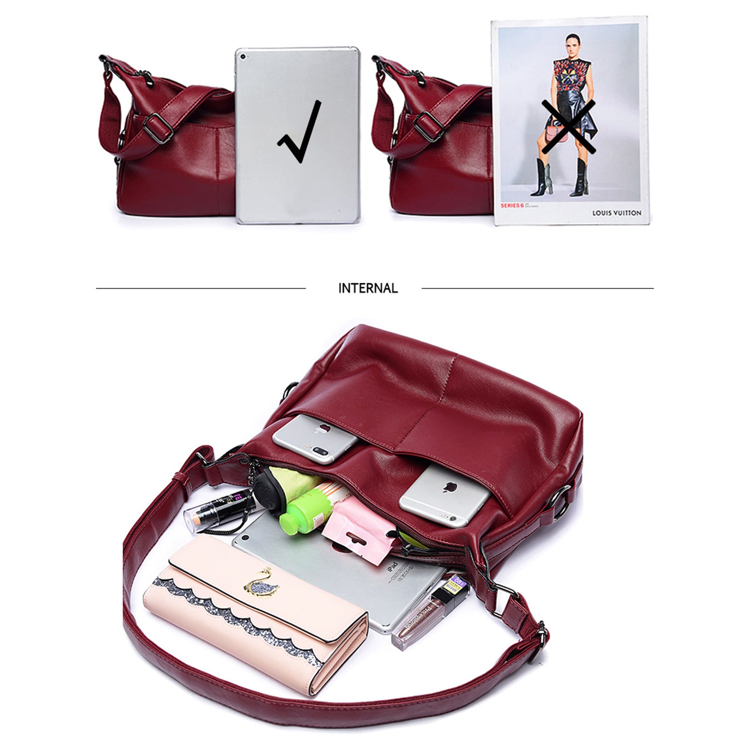 women PU handbag female casual totes ladies shoulder bag design zipper pu hobos women bag messenger bags(Red wine) - ebowsos