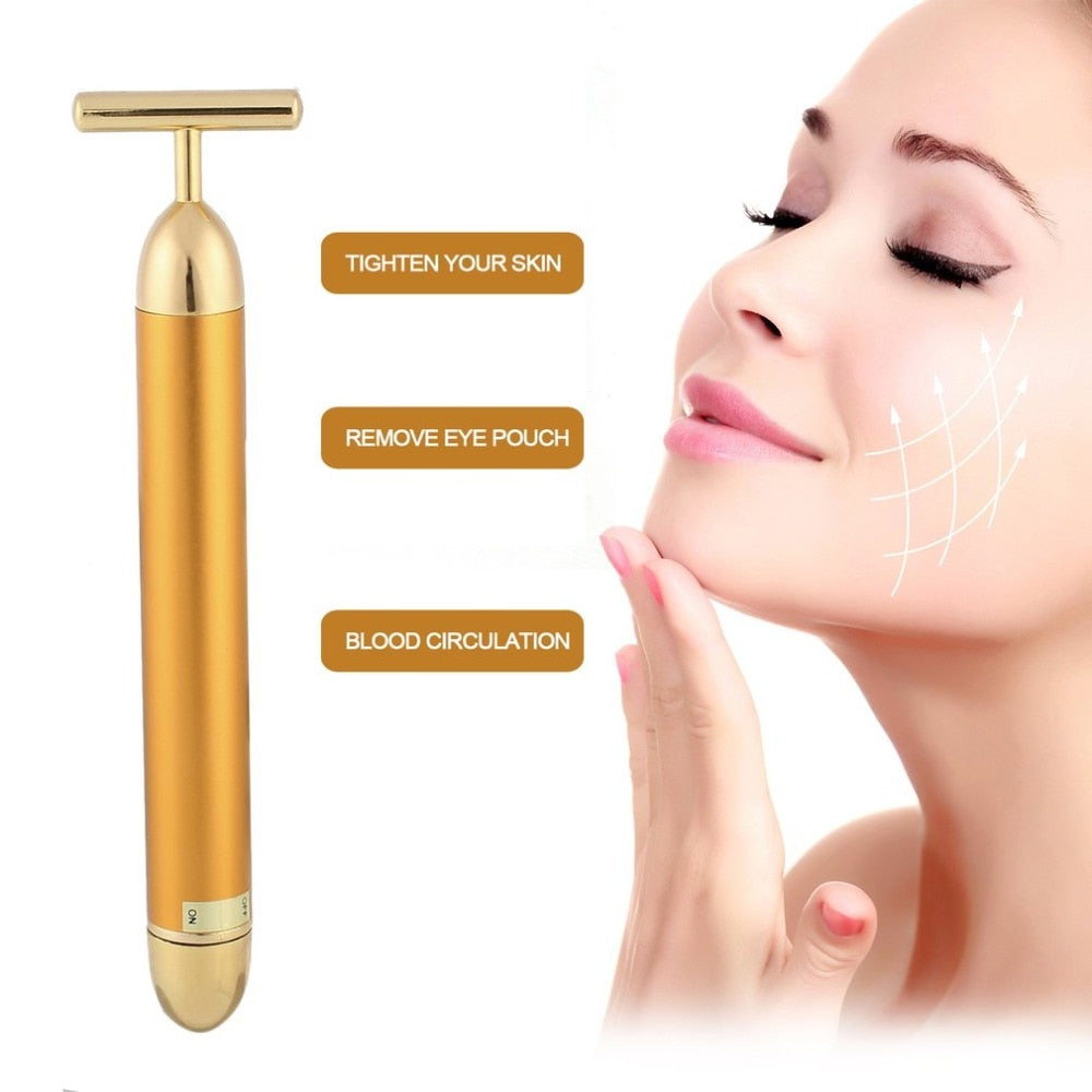 Facial Beauty Roller Face Massager T Shape Vibration Massage Energy Vibrating Bar Slimming Face 24k Gold Colour Tightening - ebowsos