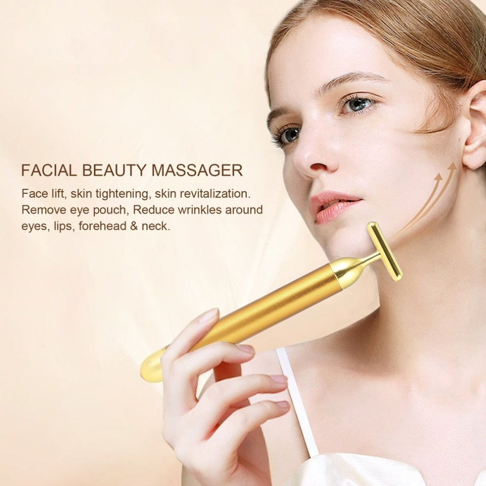 Facial Beauty Roller Face Massager T Shape Vibration Massage Energy Vibrating Bar Slimming Face 24k Gold Colour Tightening - ebowsos