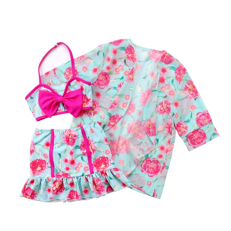 Fahion 3PCS set Kids Girls Swimwear Floral Rulle Bikini set+Chiffon Cove up Summer Children Beachwear - ebowsos