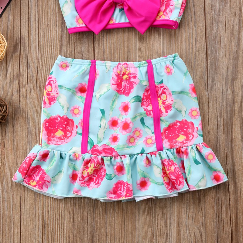 Fahion 3PCS set Kids Girls Swimwear Floral Rulle Bikini set+Chiffon Cove up Summer Children Beachwear - ebowsos