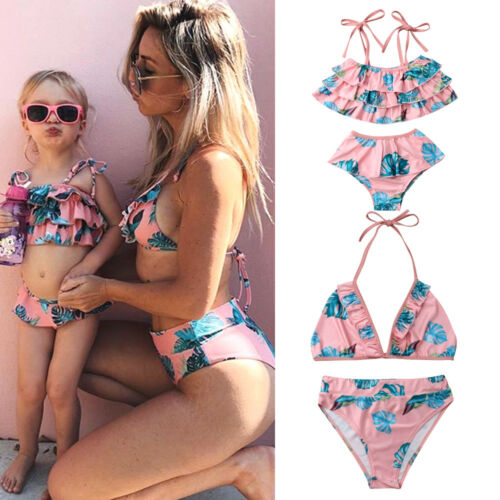 Family Matching Swimsuit Daughter Kids Swimwear Women No Pad Bikini 2pcs Girl Baby Girls Leopard Bathing Suit Beachwear - ebowsos