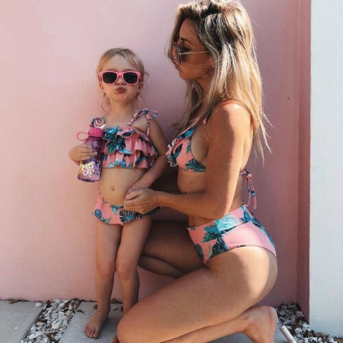 Family Matching Swimsuit Daughter Kids Swimwear Women No Pad Bikini 2pcs Girl Baby Girls Leopard Bathing Suit Beachwear - ebowsos