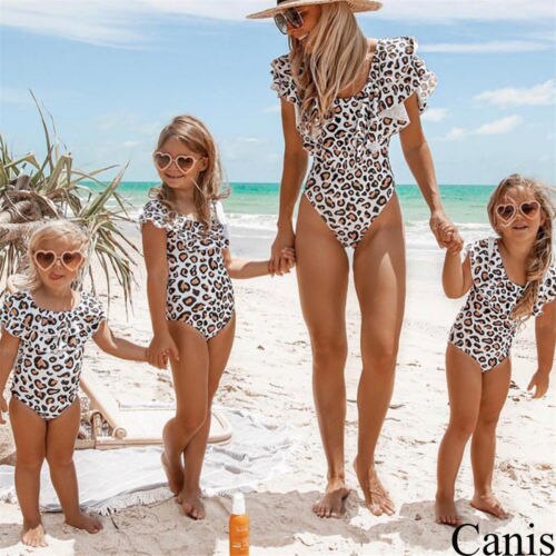 Family Matching Swimsuit Mom and Daughter One Piece Swimwear Bodysuit Off Shoulder Ruffle Bikini Bathing Suit - ebowsos