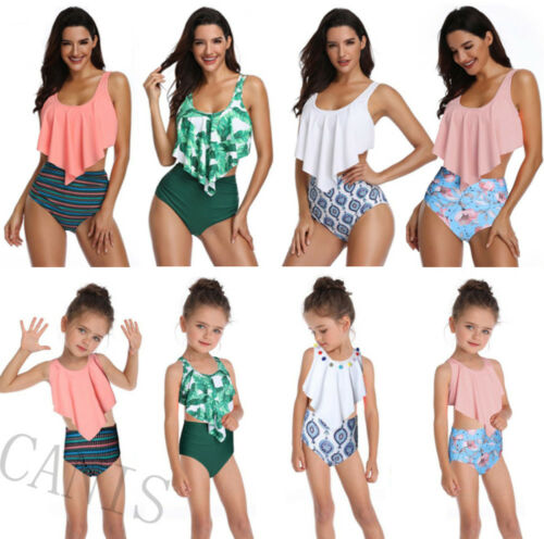 Family Matching Swimwear Mother Daughter Women Kids Girls Floral Green Leaves Printed Bikini Two-Piece Swimwear Suits - ebowsos