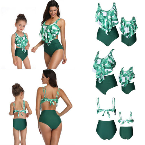 Family Matching Swimwear Mother Daughter Women Kids Girls Floral Green Leaves Printed Bikini Two-Piece Swimwear Suits - ebowsos