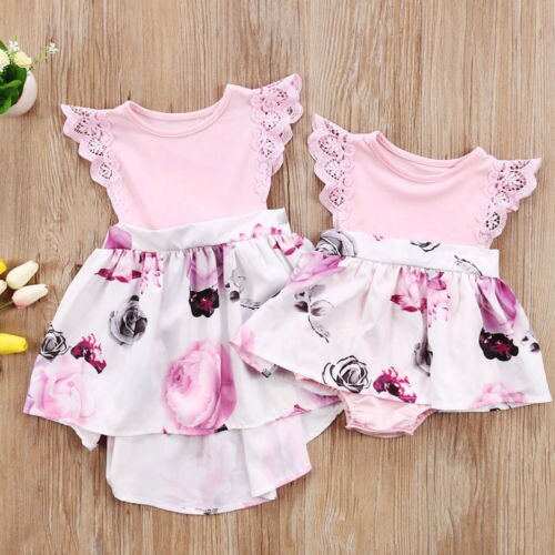 Family Sister Floral Matching Clothing Baby girls lace Floral Romper &Dress clothes set outfits - ebowsos