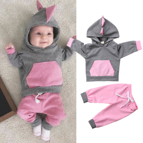 Fashion 2Pcs Newborn Baby Girl 3D Cartoon Dinosaur Tops Sweatshirt+Pants Outfits Clothes - ebowsos