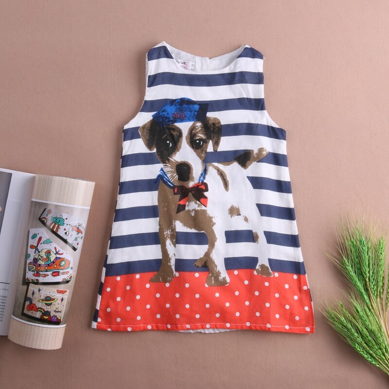 Fashion A-Line Dress Children Kids Girls Summer Cartoon Dog Sleeveless Striped Dress Sundress - ebowsos