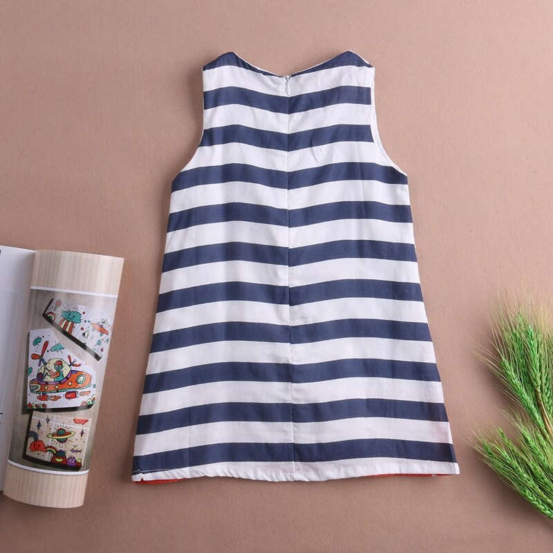 Fashion A-Line Dress Children Kids Girls Summer Cartoon Dog Sleeveless Striped Dress Sundress - ebowsos