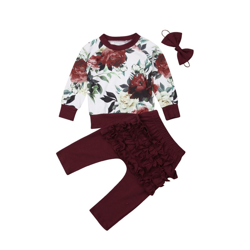 Fashion Autumn Toddler Infant Baby Girl Flower Tops Ruffle Pants Leggings 3PCS Outfits Clothes - ebowsos