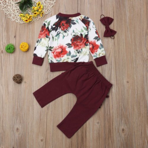 Fashion Autumn Toddler Infant Baby Girl Flower Tops Ruffle Pants Leggings 3PCS Outfits Clothes - ebowsos