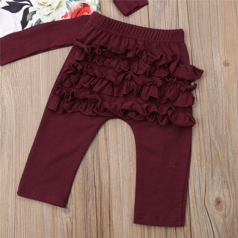 Fashion Autumn Toddler Infant Baby Girl Flower Tops Ruffle Pants Leggings 3PCS Outfits Clothes - ebowsos