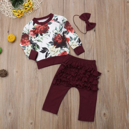 Fashion Autumn Toddler Infant Baby Girl Flower Tops Ruffle Pants Leggings 3PCS Outfits Clothes - ebowsos